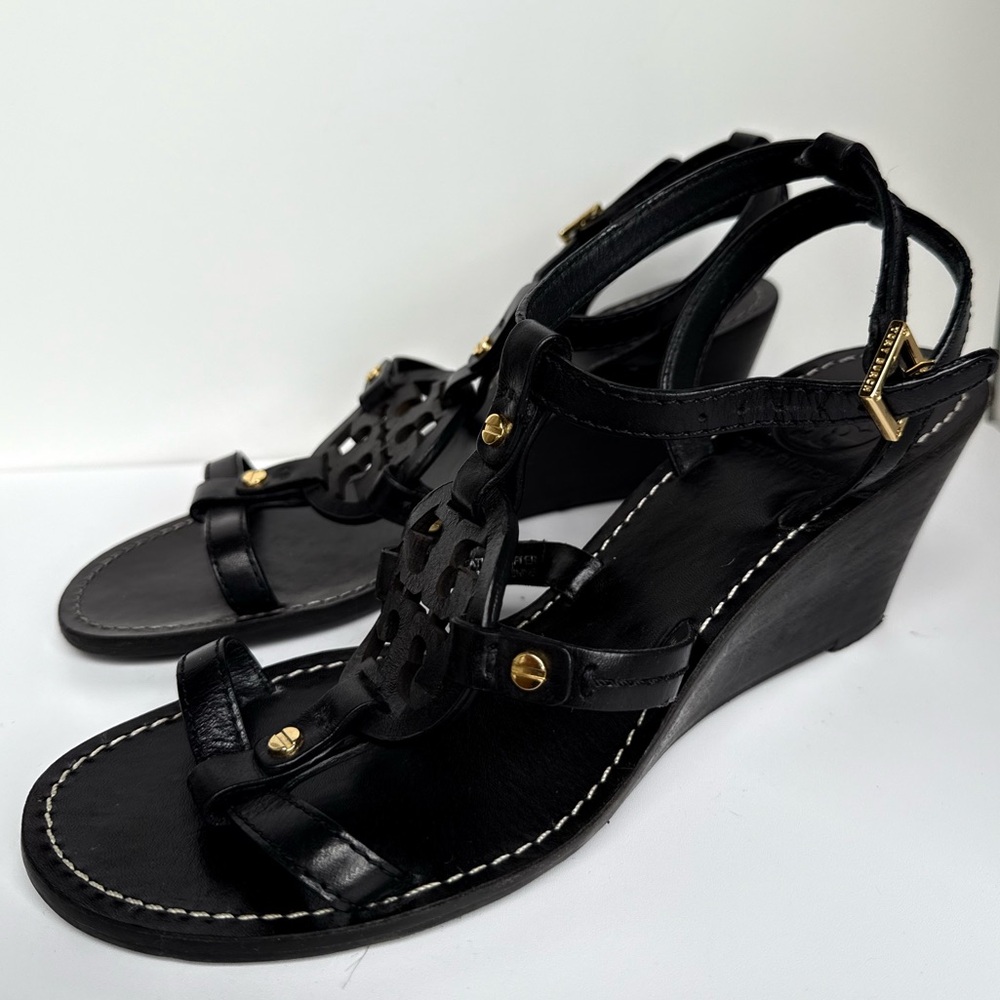 Tory Burch Black Leather Miller Logo Wedge Ankle Strap Sandals Size 7M - Picture 8 of 11